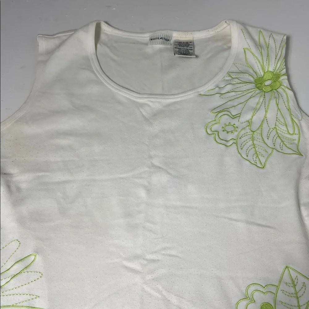 Vintage White Stag XL White Lime Green Embroidered Floral Sleeveless Tank Top - Picture 5 of 7